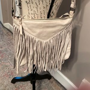 Cut n' Paste Payton Ivory Bone Fringed Zip Top Envelope Boho Leather Cross-Body